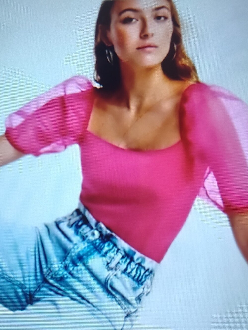 NWOT House Of Harlow Hot Pink Knit Crop Top with Sheer Puff Sleeves Sz S